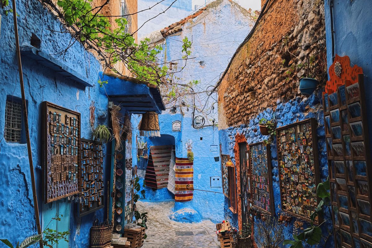 Blue-painted alley and stairs in the medina of Chefchaouen, Morocco
