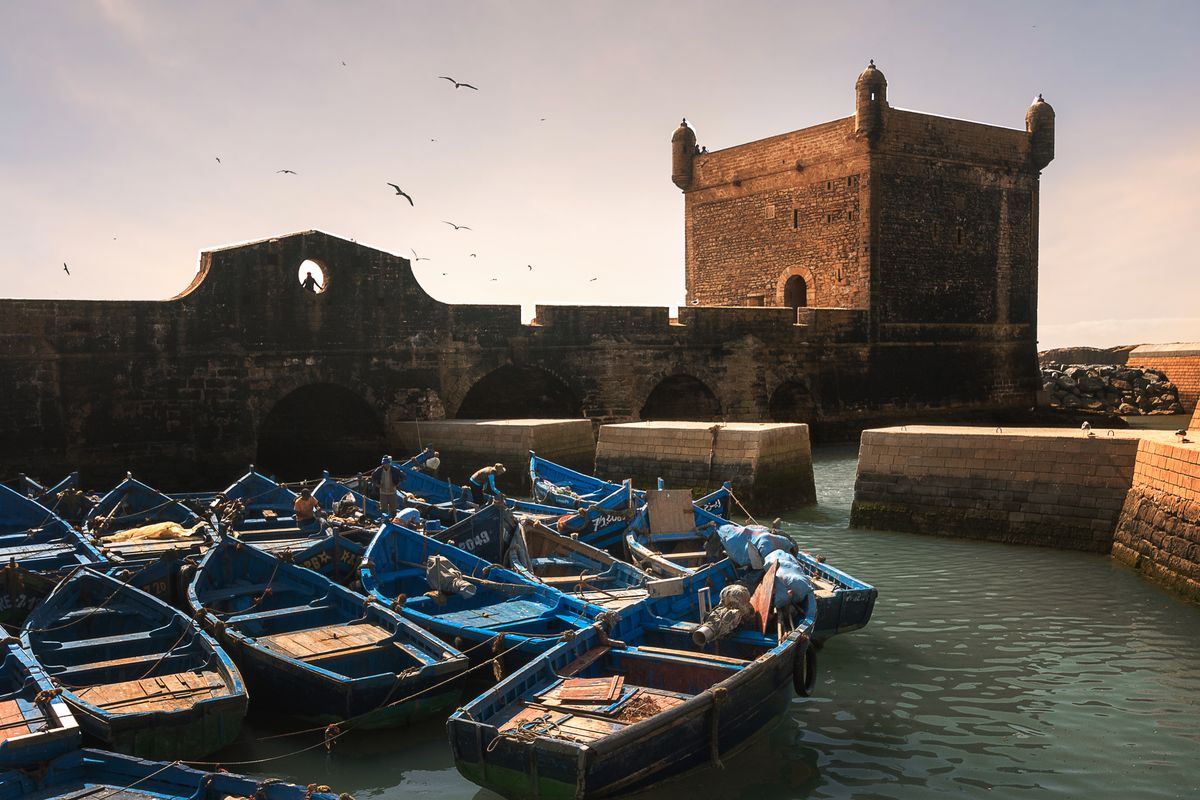Blue fishing boats moored below the fort in the port of Essaouira, Morocco