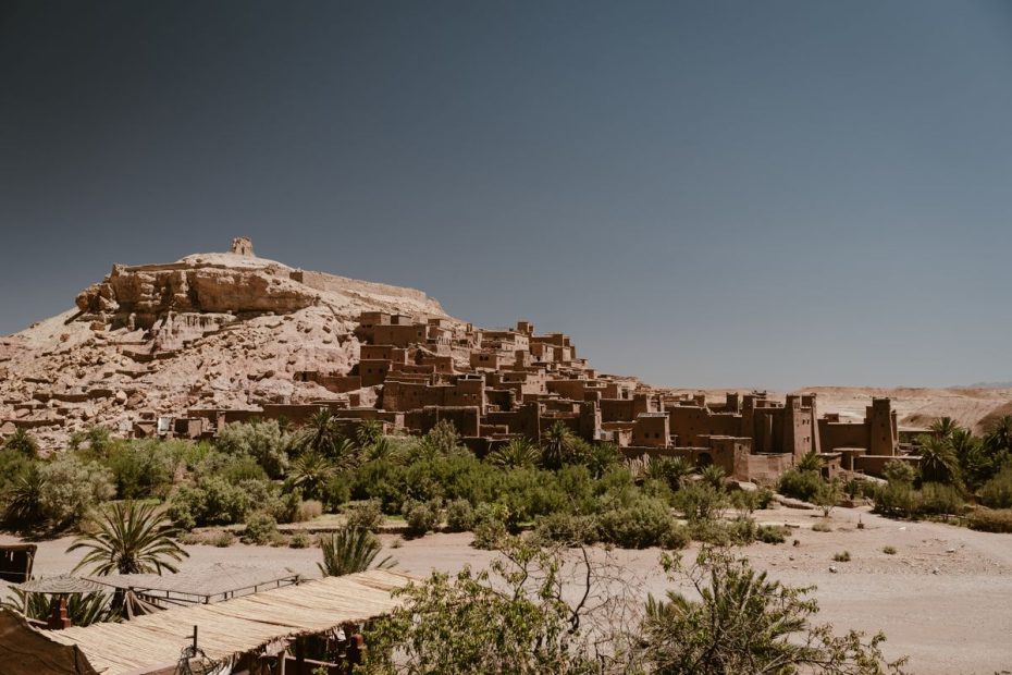 The earthen ksar of Ait Ben Haddou in southern Morocco under a clear blue sky