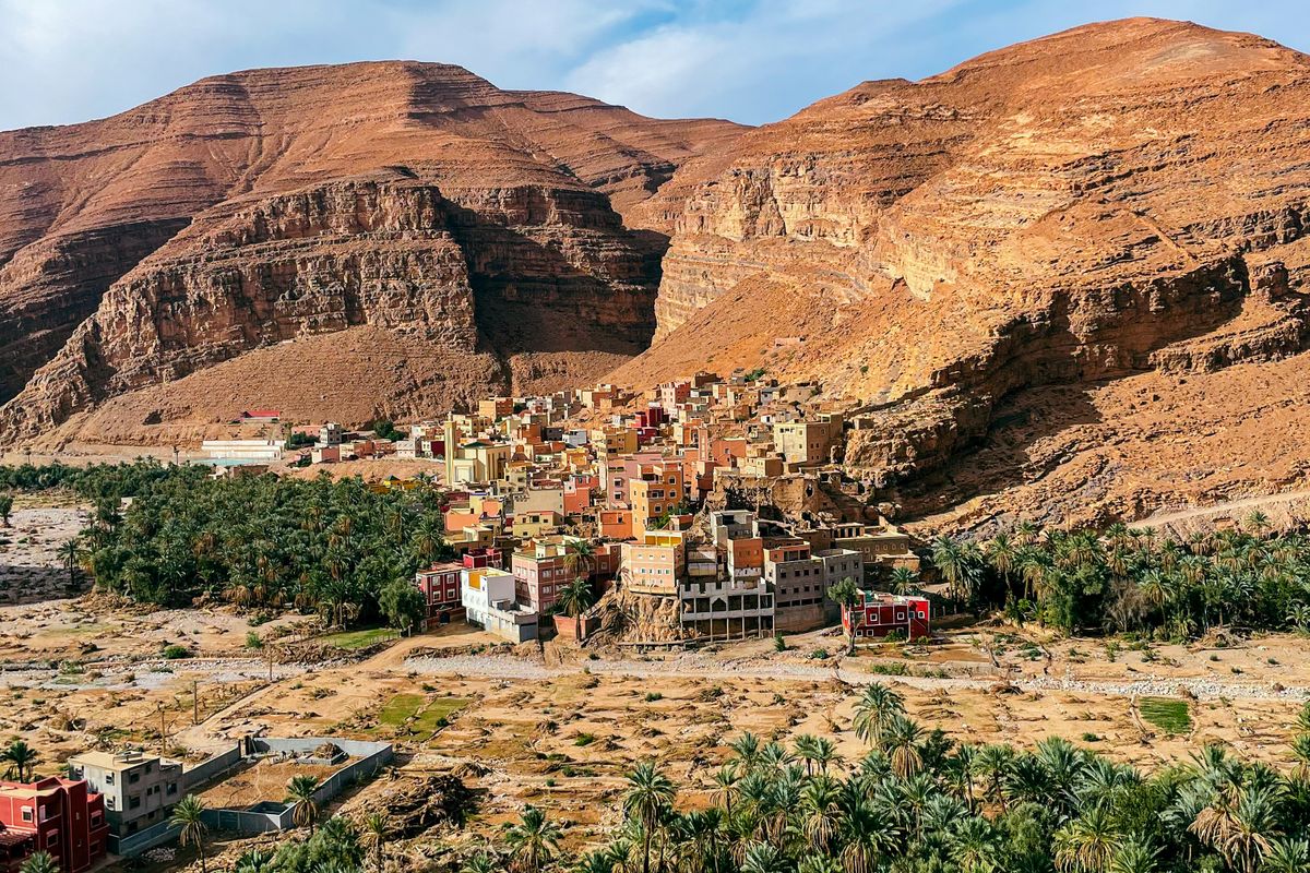 Traditional village surrounded by Anti-Atlas mountains in the Tata region, southern Morocco