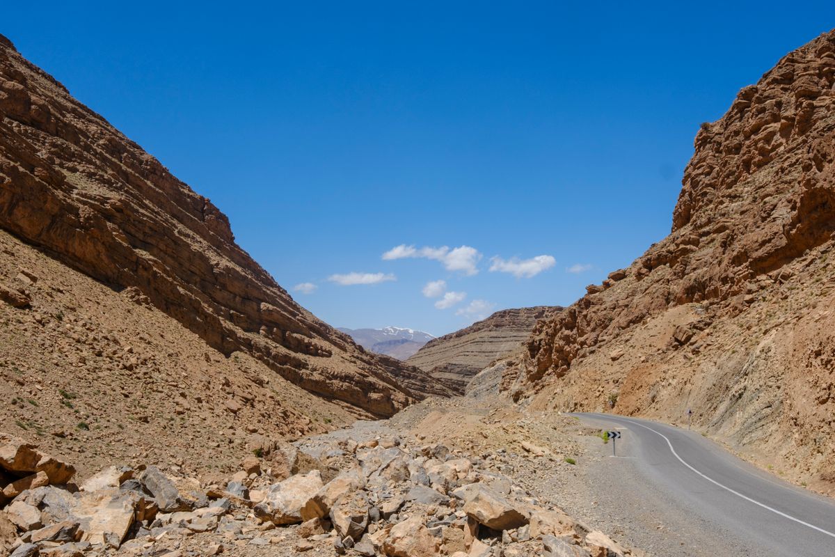 Winding road through rocky terrain in the Atlas Mountains, Morocco