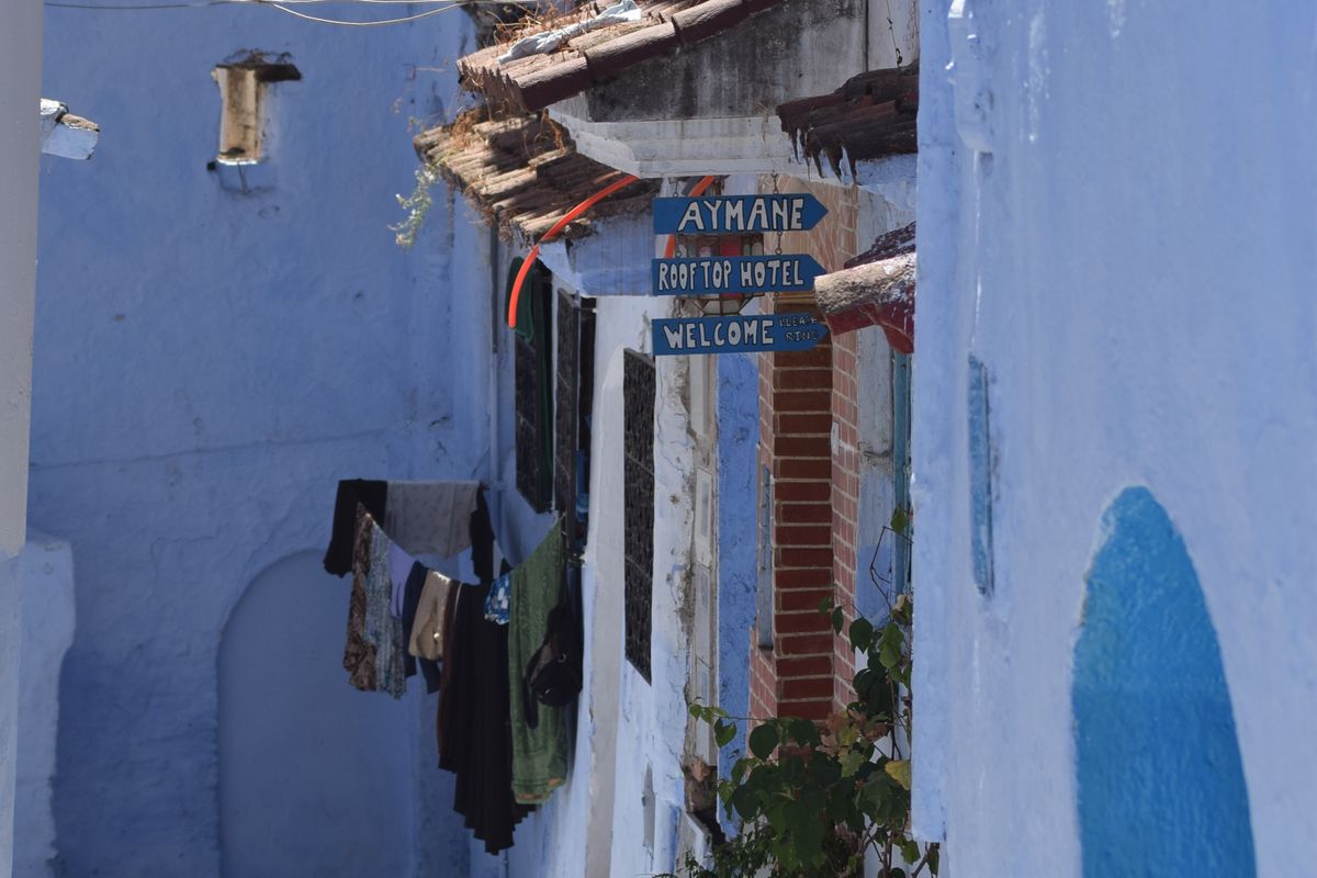 A blue-washed alleyway in the medina of Chefchaouen, Morocco