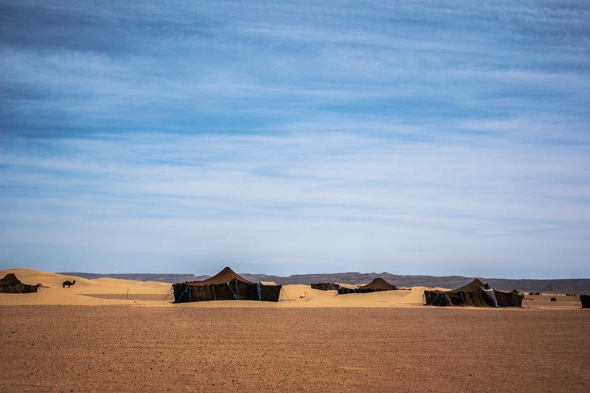 Tents of a desert camp in the sandy landscape near Zagora, Morocco, under a blue sky