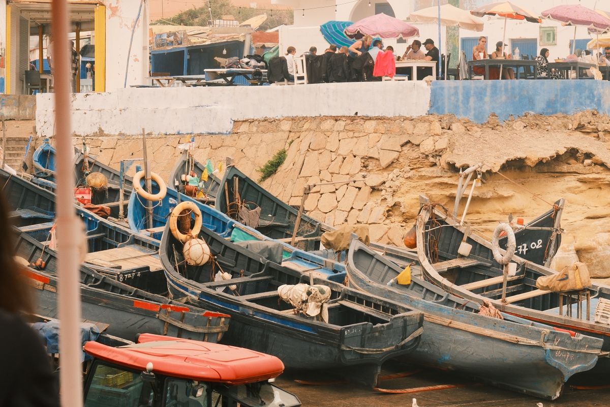 Traditional fishing boats and seagulls in the harbour of El Jadida, Morocco