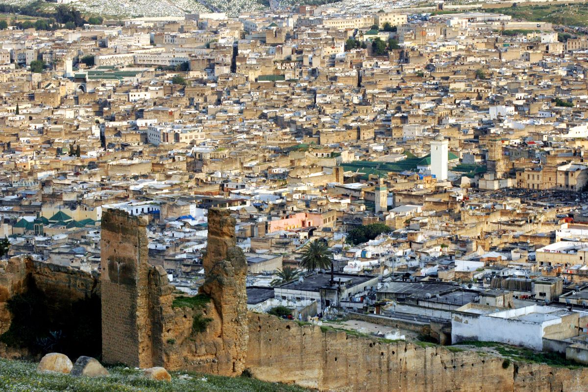 Aerial view of the densely packed rooftops and terraces of the Fes medina, Morocco
