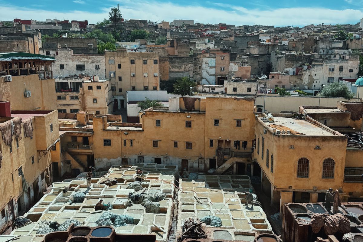 Aerial view of the dye pits of a historic leather tannery in the Fes medina, Morocco