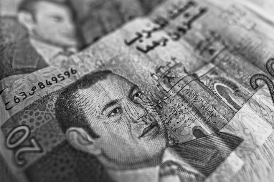 Close-up of Moroccan dirham banknotes, the currency used for money in Morocco