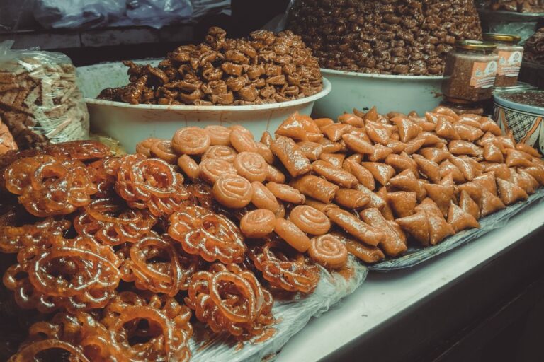 Traditional Moroccan sweets displayed at a market stall in Fes, Morocco