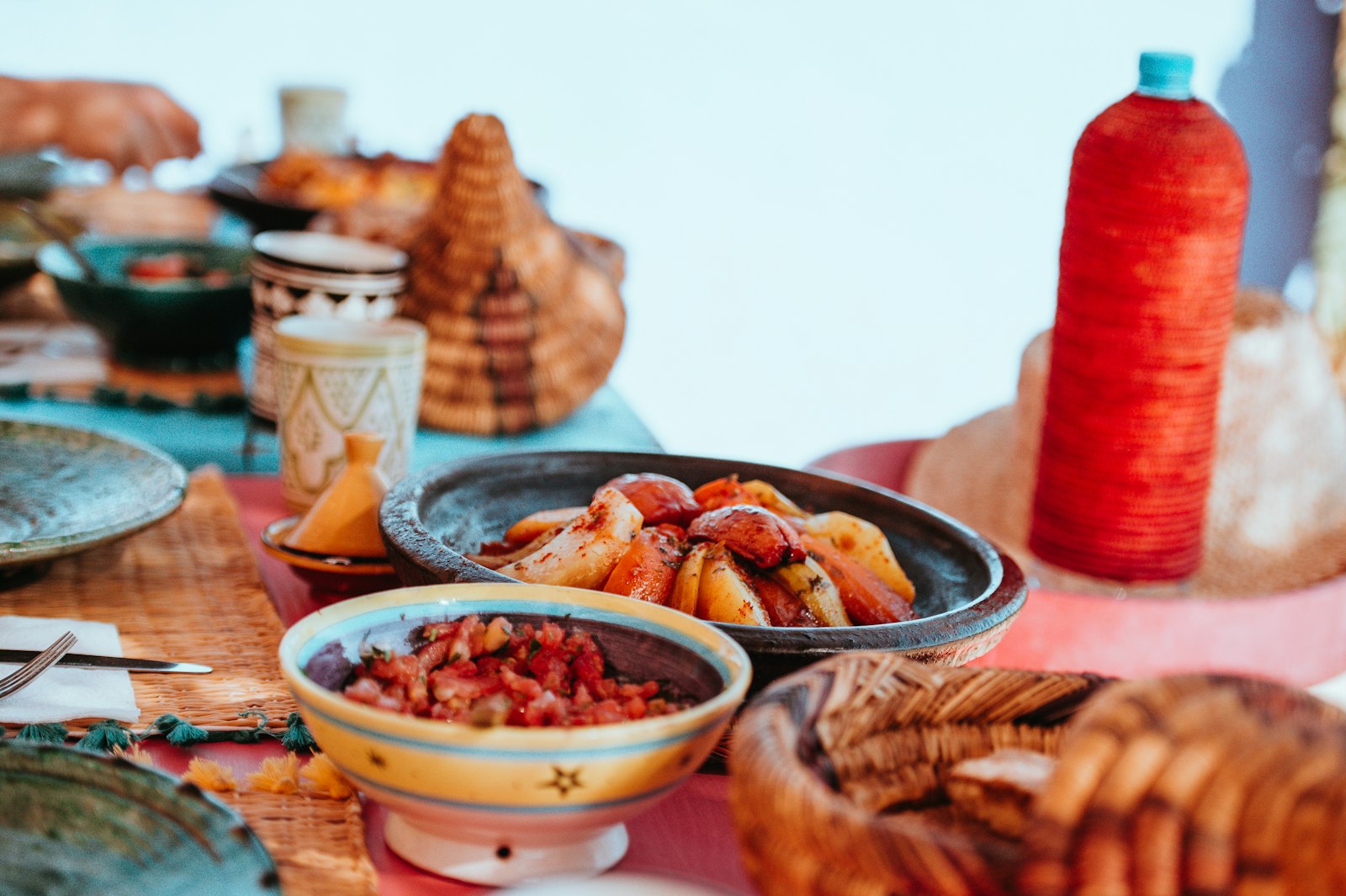 Moroccan tagine and dishes served on a table