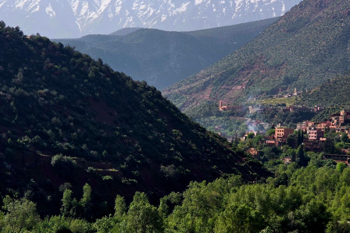 Ourika Valley with the snow-capped High Atlas mountains, Morocco