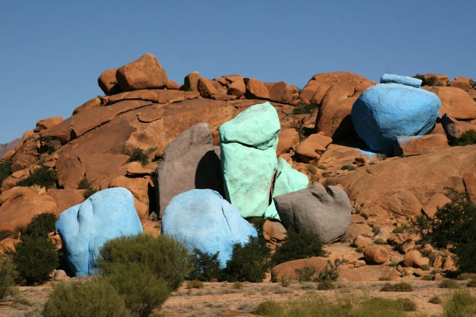 Painted blue granite boulders near Tafraoute in the Anti-Atlas, Morocco