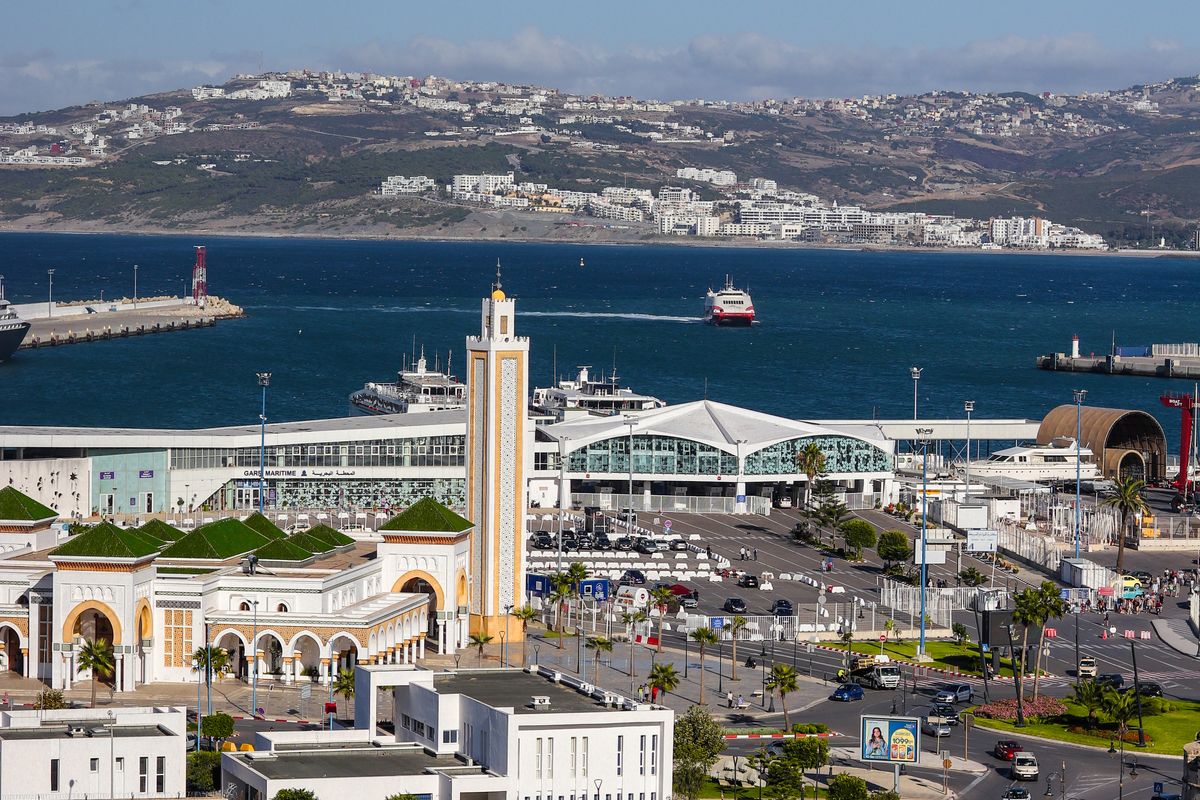 Aerial view of the port, mosque and coastline of Tangier, Morocco