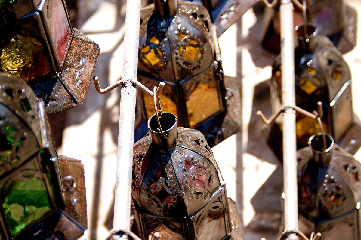Antique metal lanterns for sale in the souk of Taroudant, Morocco