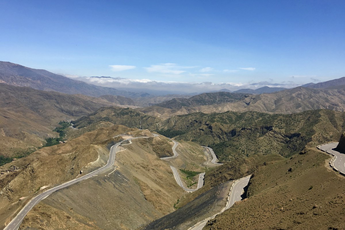 Aerial view of the winding road over the Tizi n'Tichka pass in the High Atlas, Morocco