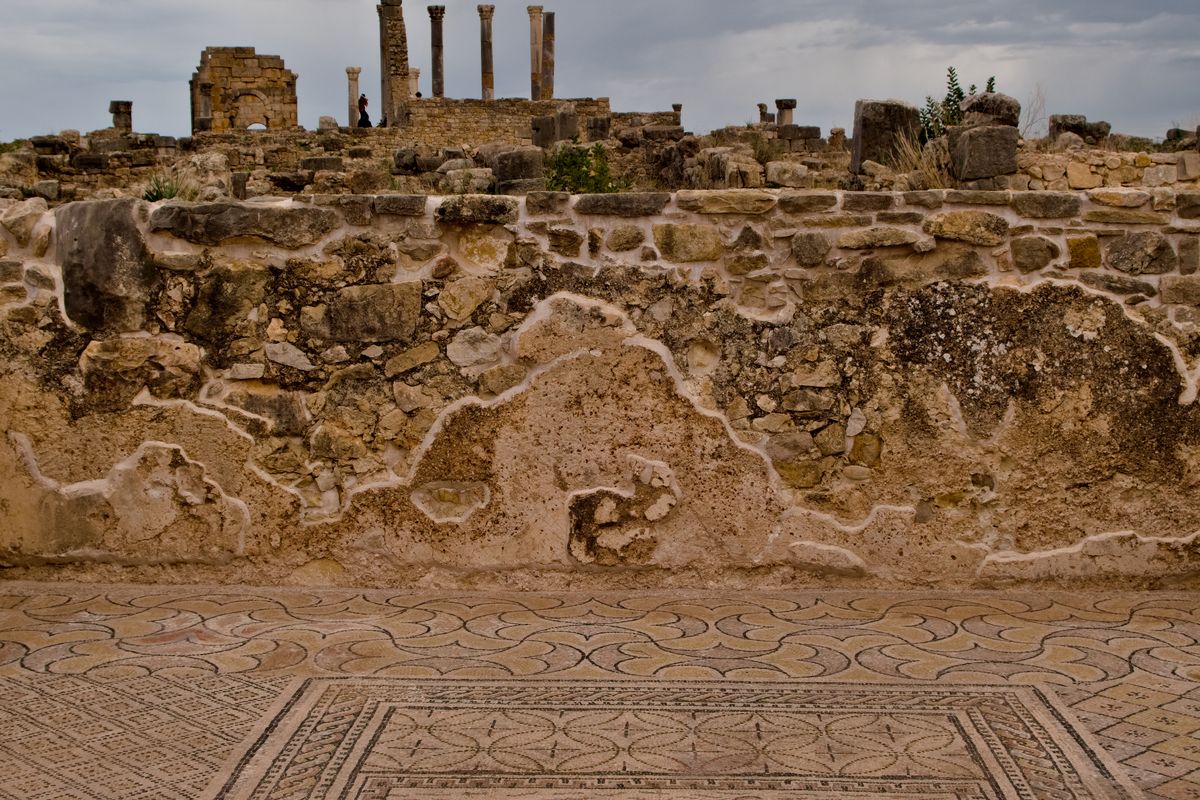 Roman floor mosaic among the ruins of Volubilis, Morocco